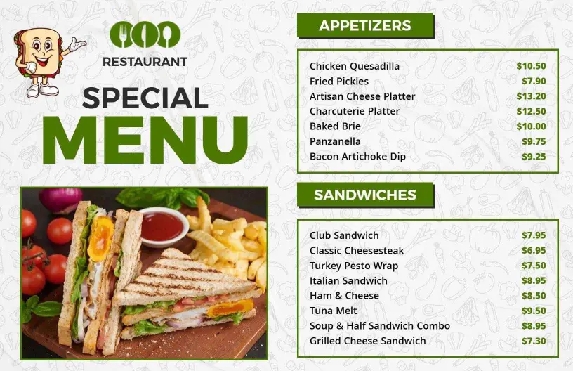 Tasty Sandwiches and Appetizers Selection Special Menu Template