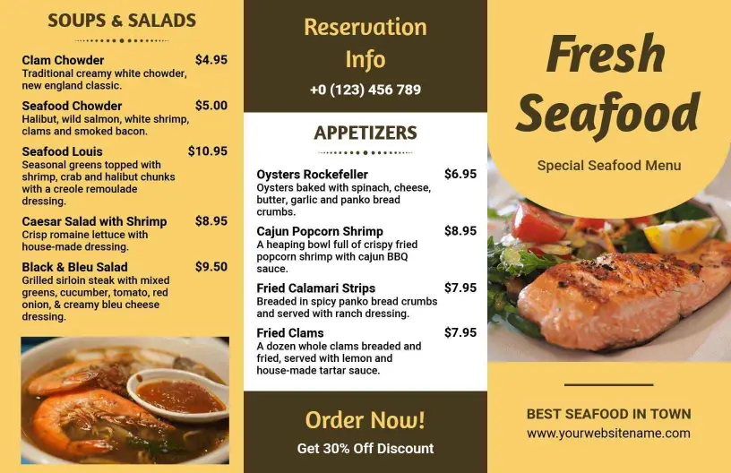 Tasty Seafood Dishes with Appetizers and Desserts Tri Fold Menu Template