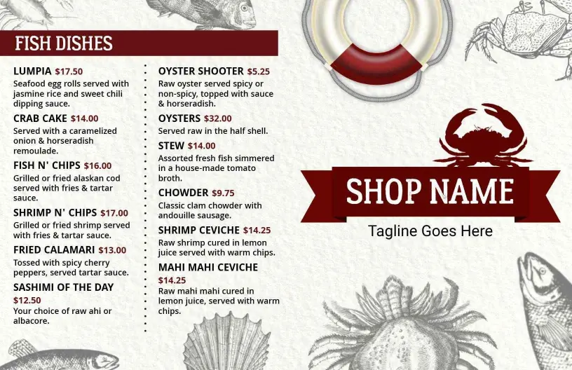 Tasty Shrimp, Tacos, and Fresh Fish Dishes Seafood Menu Template