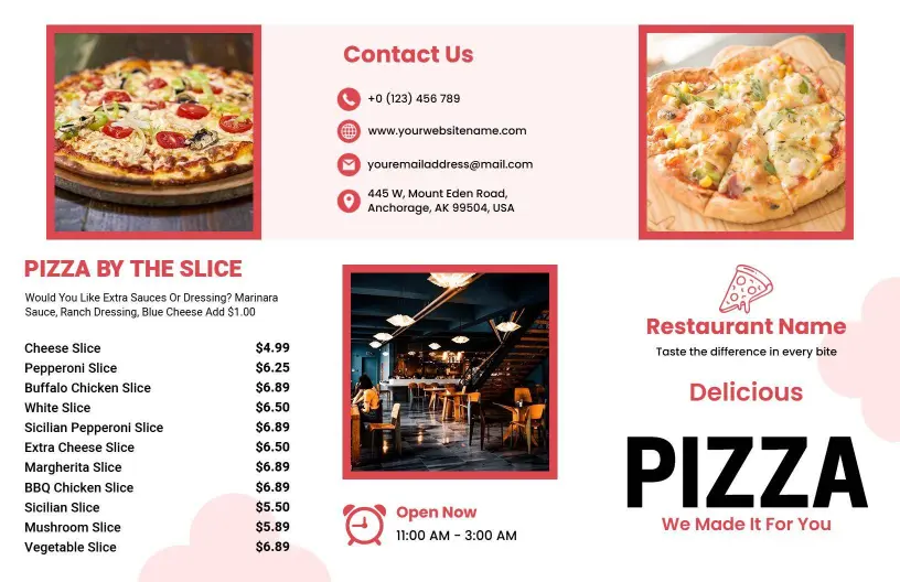 Tasty Slice Selections and Cheesy Specials Tri Fold Menu Template