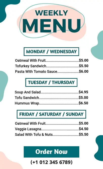 Tasty Vegetarian Selections for Every Day Weekly Menu Template