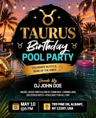 Taurus Birthday Pool Party Celebration Flyer Template