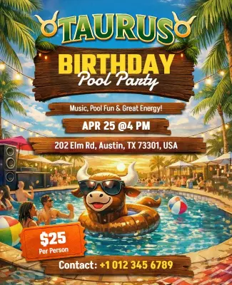 Taurus Birthday Pool Party Flyer Template