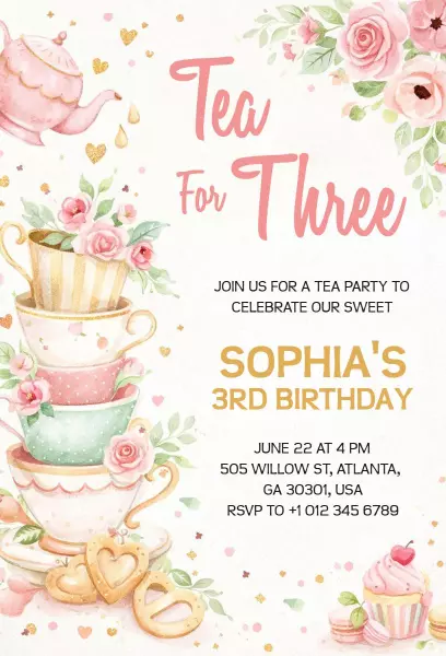 Tea Party Theme Sophias Third Birthday Invitation Template