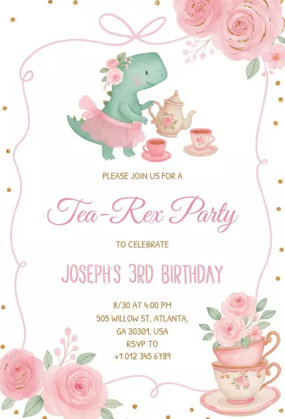 Tea-Rex Dinosaur Birthday Celebration Invitation Template