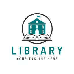 Teal Colored Library Building with Open Book Design Logo Template