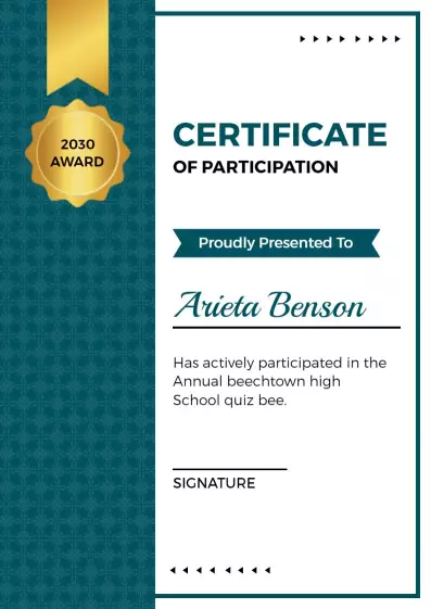 Teal Modern Gold Award for Participation Certificate Template