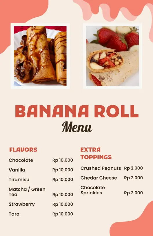 Templat Menu Camilan Banana Roll Dengan Desain Gelombang Pastel Modern