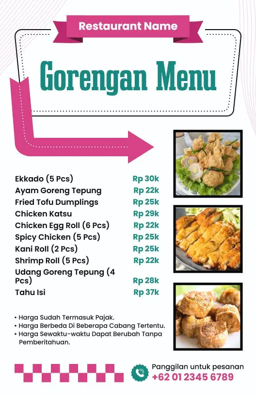 Templat Menu Gorengan Indonesia Dengan Warna Merah Muda Dan Teal Yang Cerah
