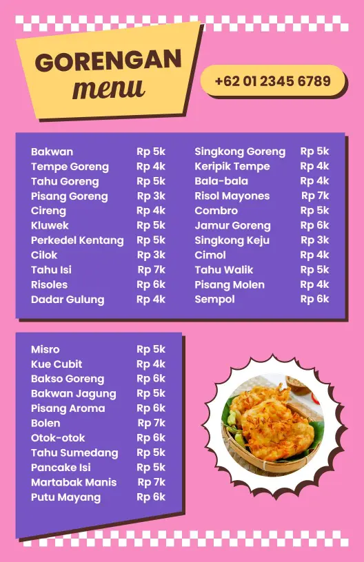 Templat Menu Hidangan Gorengan Merah Muda Yang Menawan