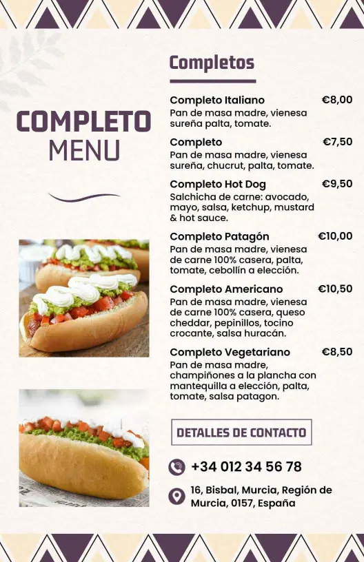 Templat Menu Hidangan Lezat Completo Dengan Nuansa Ungu Yang Elegan