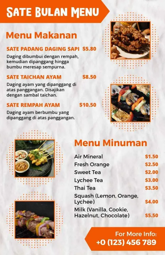 Templat Menu Hidangan Sate Dengan Tema Oranye Yang Cerah