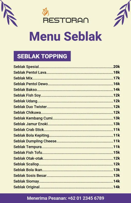 Templat Menu Hidangan Seblak Bergaya Dengan Nuansa Ungu Dan Krem