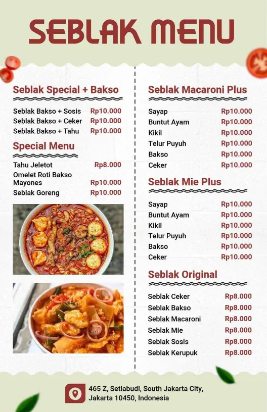 Templat Menu Hidangan Seblak Khas Indonesia