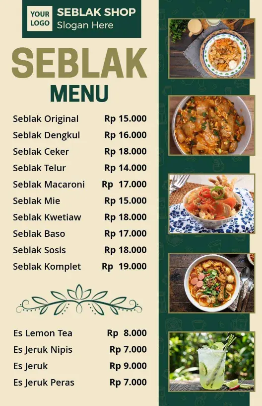 Templat Menu Hidangan Seblak Tradisional Yang Elegan Dengan Nuansa Hijau Dan Krem
