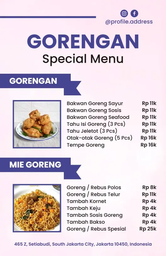 Templat Menu Kuliner Gorengan Minimalis Bertekstur Warna Ungu