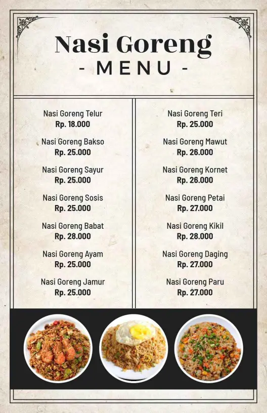 Templat Menu Makan Malam Nasi Goreng Yang Elegan Dengan Nuansa Hitam-Putih