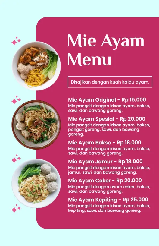 Templat Menu Makanan Aneka Mie Ayam Indonesia Otentik Dengan Berbagai Topping