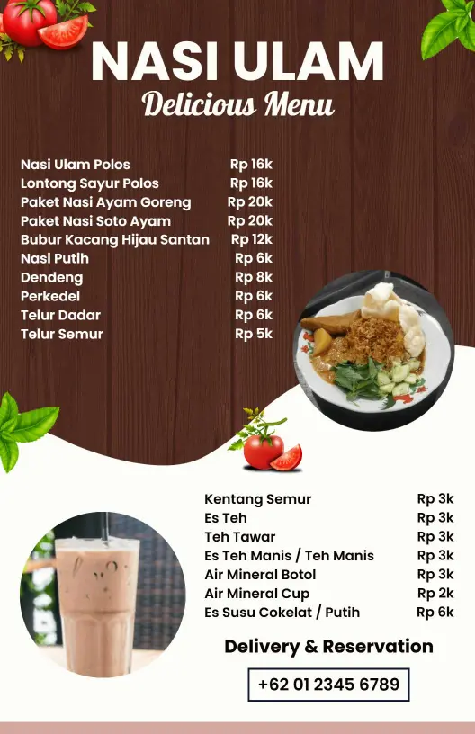Templat Menu Nasi Ulam Tradisional Dan Pilihan Minuman Menyegarkan