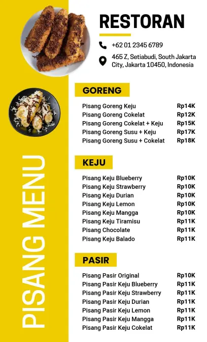 Templat Menu Pilihan Pisang Minimalis Dengan Bingkai Kuning