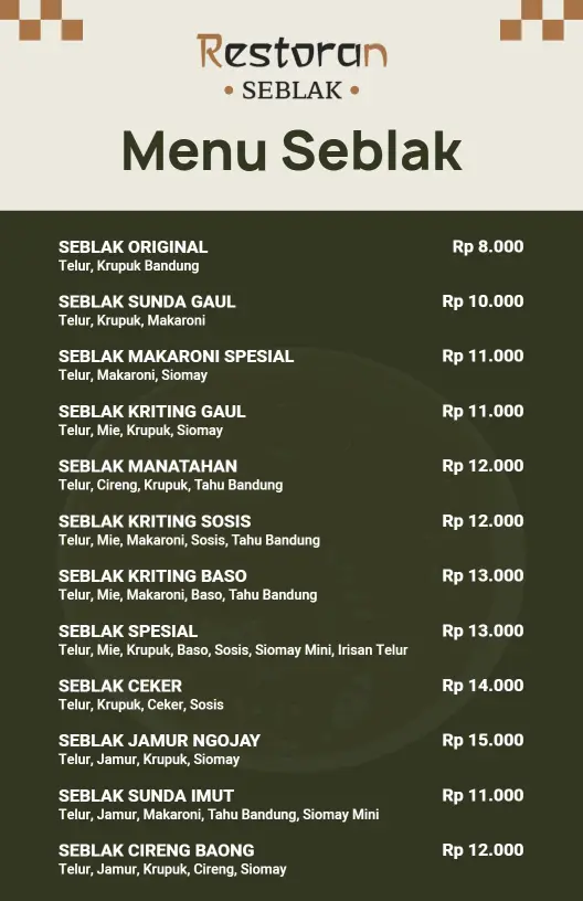 Templat Menu Pilihan Rasa Seblak Hijau Tua Yang Elegan
