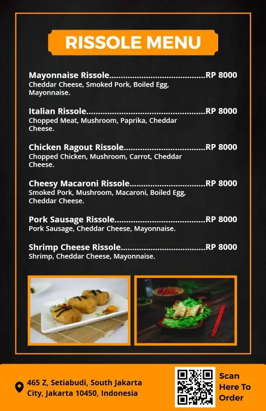 Templat Menu Pilihan Risol Modern Yang Elegan Dengan Nuansa Hitam Dan Oranye
