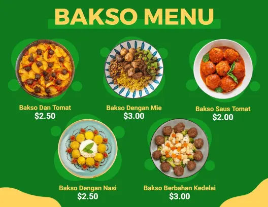 Templat Menu Restoran Bakso Dengan Warna Hijau Dan Kuning Yang Mencolok