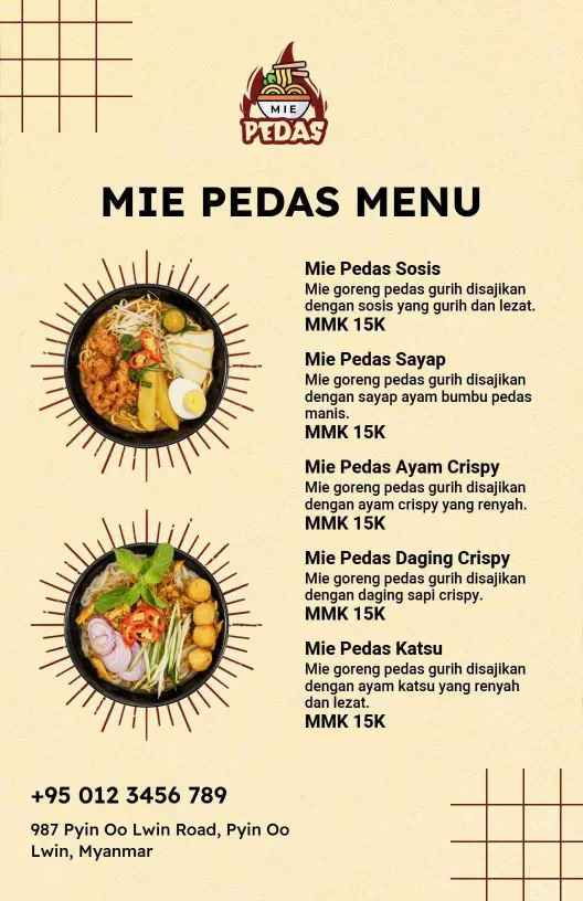 Templat Menu Restoran Mie Pedas Tradisional Bernuansa Krem