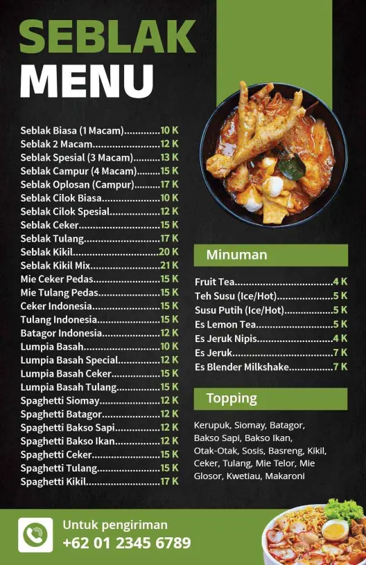 Templat Menu Restoran Seblak Tradisional Bernuansa Hijau Dan Hitam