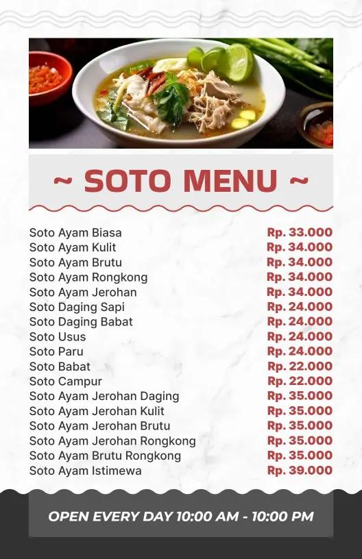Templat Menu Restoran Soto Modern Dengan Nuansa Putih Dan Merah