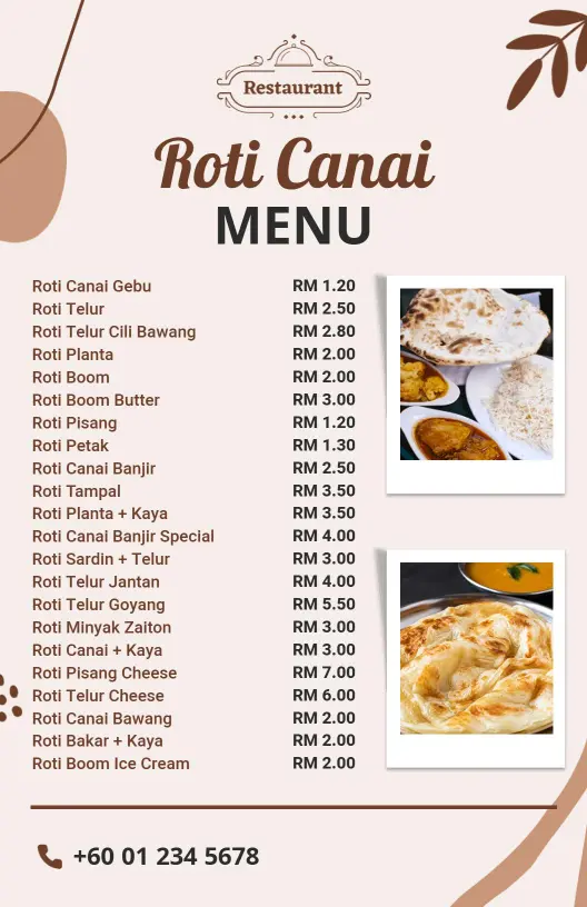 Templat Menu Roti Canai Malaysia Nada Coklat Minimalis