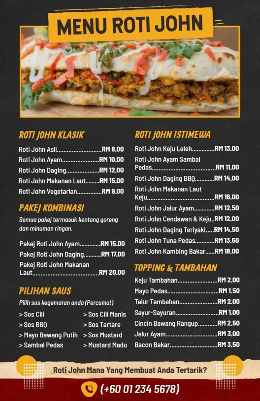 Templat Menu Roti John Klasik Hitam Dan Kuning Retro