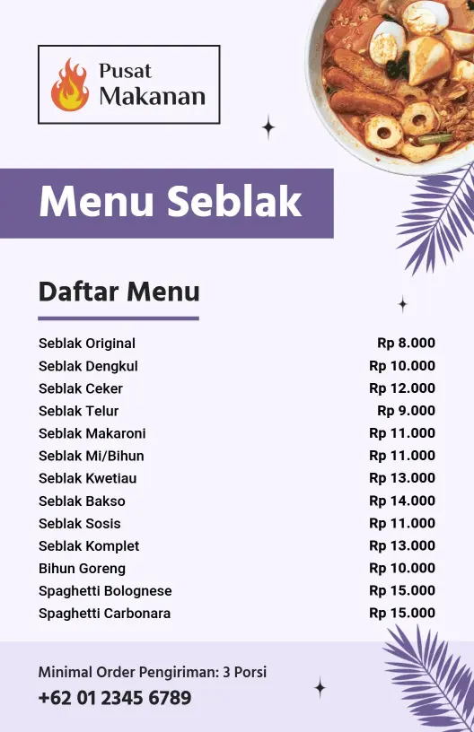 Templat Menu Seblak Bergaya Minimalis Dengan Motif Daun Palem