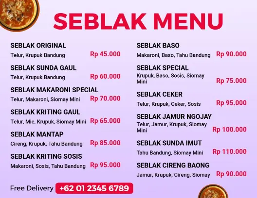 Templat Menu Seblak Minimalis Berwarna Ungu