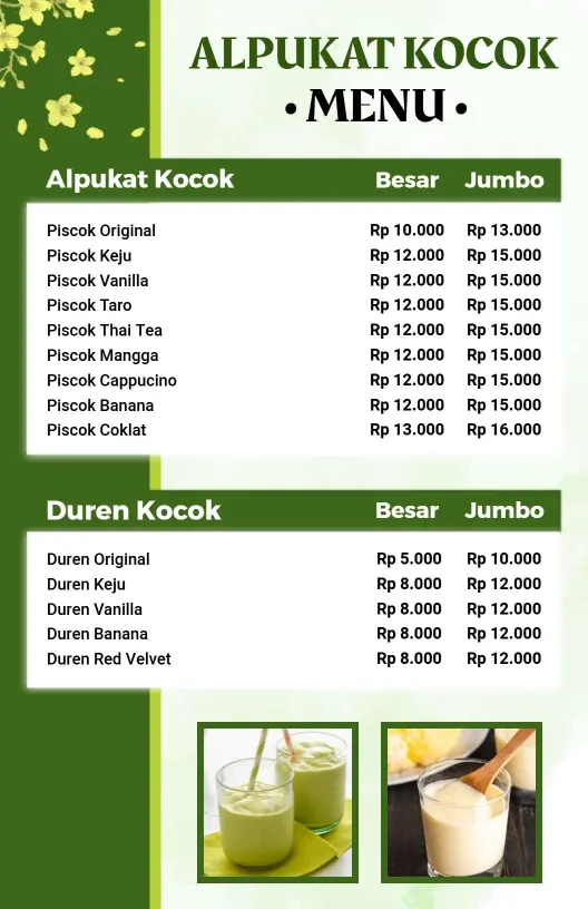 Templat Menu Shake Alpukat Dan Durian Hijau Dengan Desain Floral Yang Elegan
