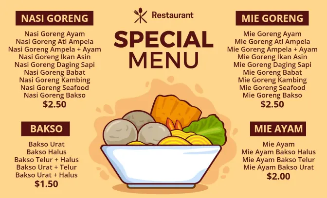 Templat Menu Spesial Hidangan Nasi Goreng Dan Mie Ayam Otentik