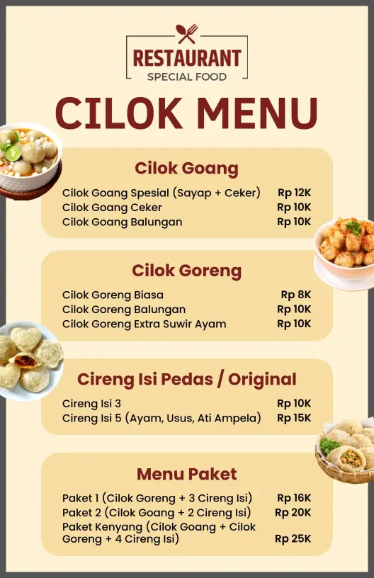 Templat Menu Spesialisasi Cilok Khas Indonesia Yang Elegan Dan Bernuansa Cokelat