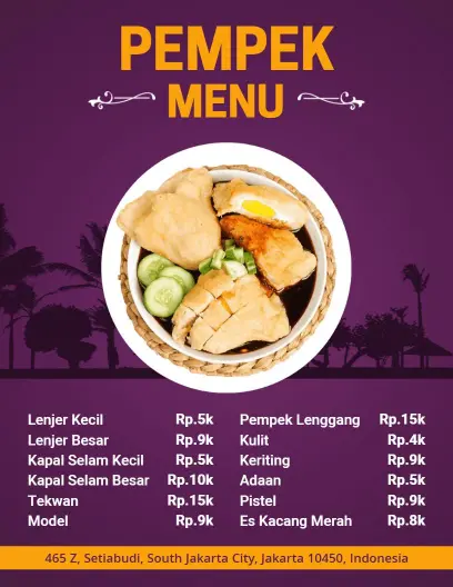 Templat Menu Spesialisasi Pempek Elegant Purple Sunset Palm