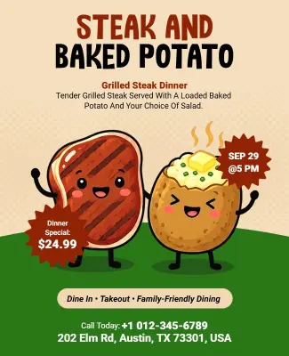 Tender Steak and Baked Potato Dinner Flyer Template