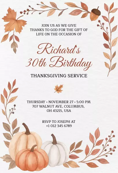 Thanksgiving Celebration Richard's 30th Birthday Invitation Template