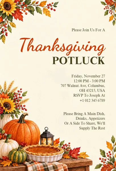 Thanksgiving Potluck Celebration Invitation Template