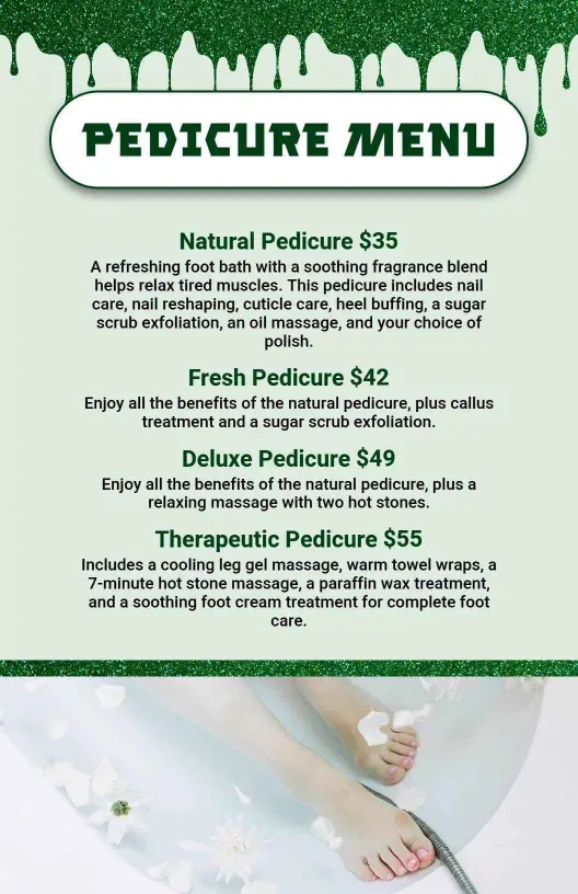 Therapeutic Green Glitter Design Pedicure Options Menu Template