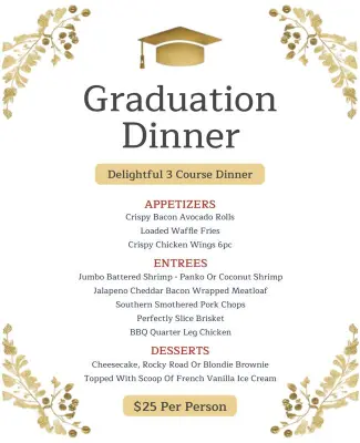 Three Course Graduation Dinner Celebration Menu Flyer Template