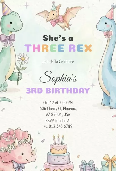 Three Rex Dinosaur Adventure Birthday Invitation Template