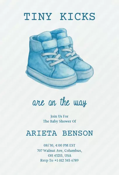 Tiny Kicks Blue Baby Shower Celebration Invitation Template