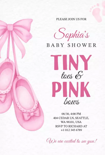 Tiny Toes Pink Bow Baby Shower Celebration Invitation Template