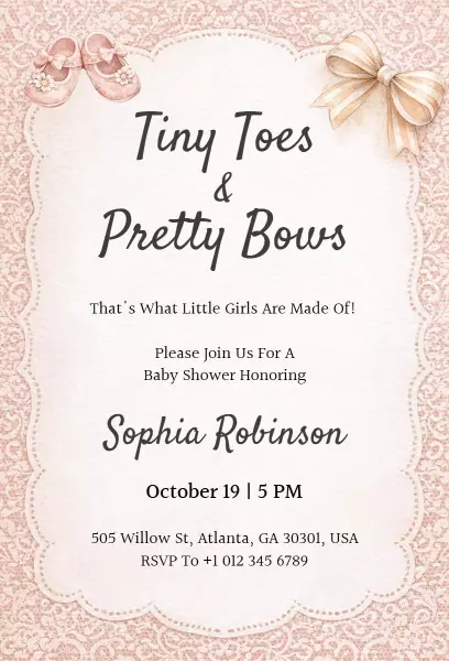 Tiny Toes Pretty Bows Elegant Baby Shower Invitation Template