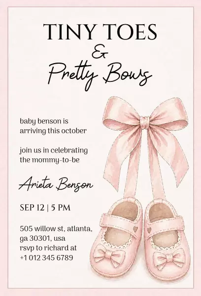 Tiny Toes Pretty Bows Pink Baby Shower Invitation Template