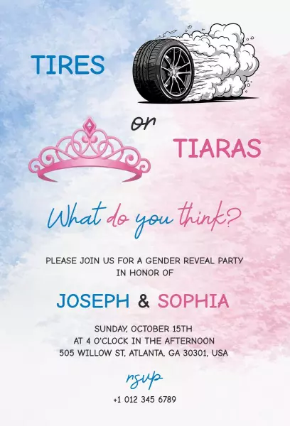 Tires or Tiaras Fun Gender Reveal Party Invitation Template