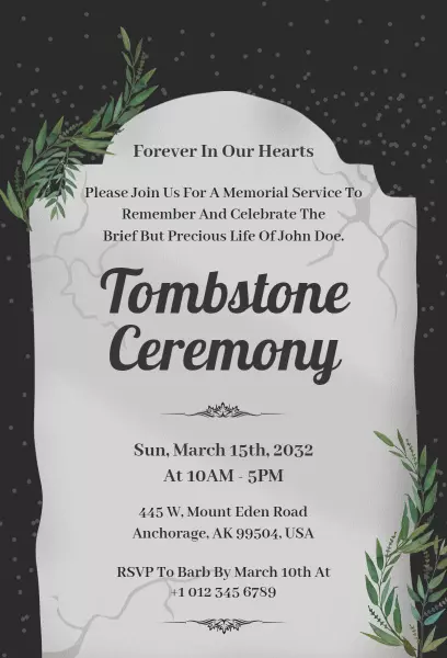 Tombstone Ceremony Memorial Service Funeral Invitation Template